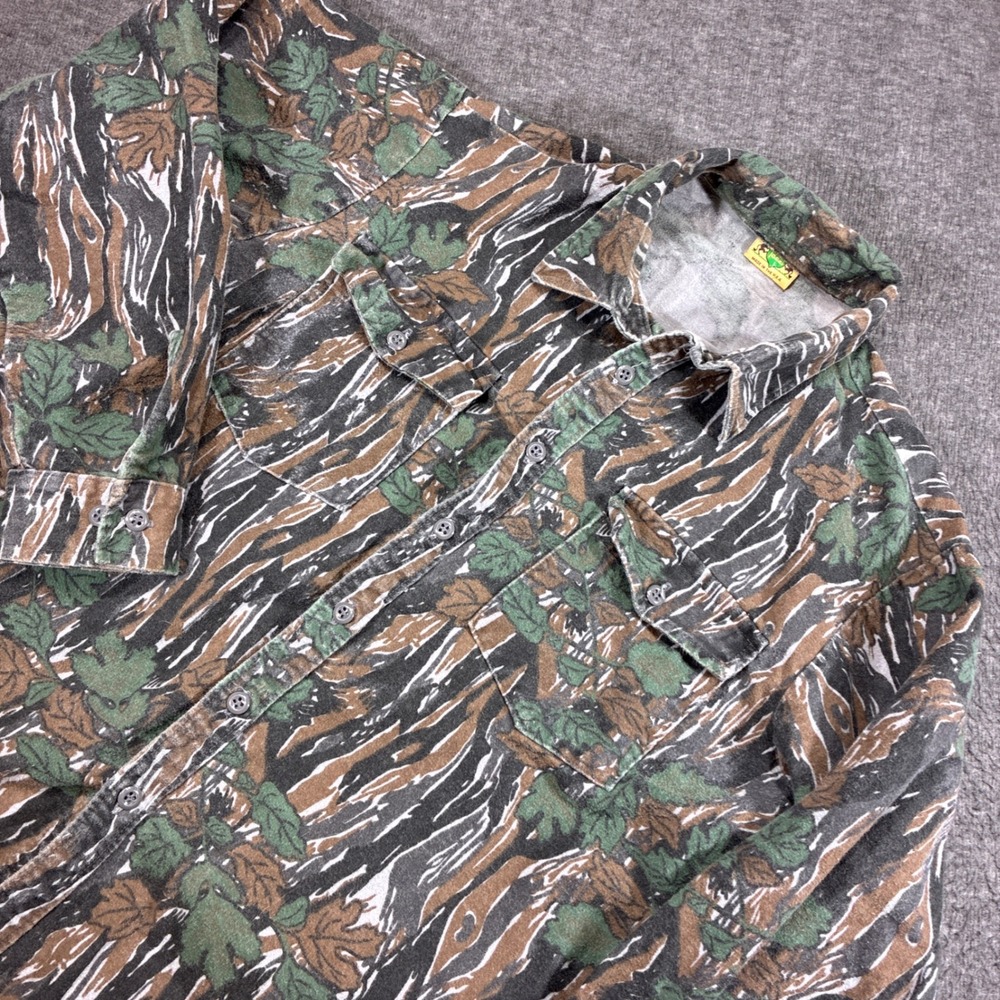 Vintage Mossy Oak Camo Flannel Shirt Mens Large Green Brown Tree Bark Hunting
